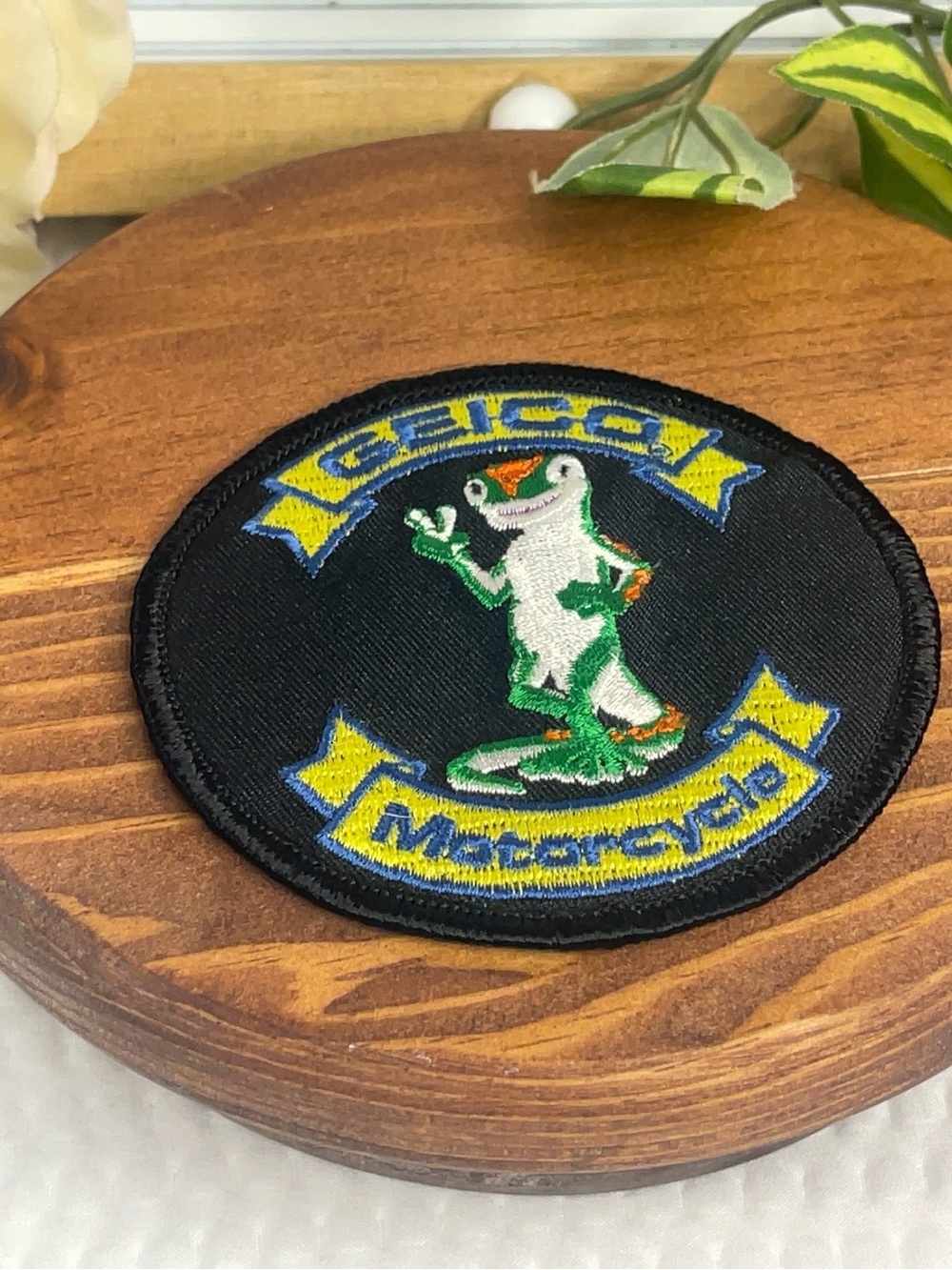 Geico Motorcycle Round Embroidered Patch - Black with Green Frog